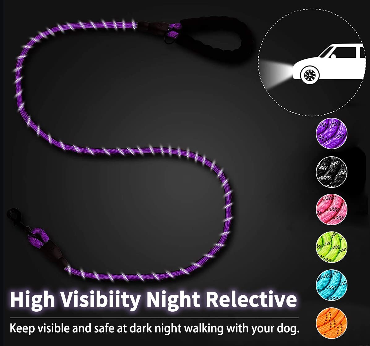 Heavy Duty Reflective Dog Leash-Strong Rope Lead for Small, Medium & Large Dogs